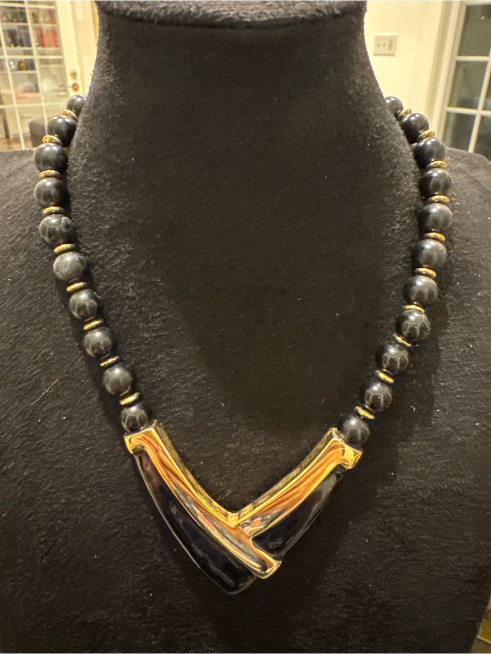 Vintage Style Black Beaded Necklace Gold Tone V Statement Geometric Jewelry